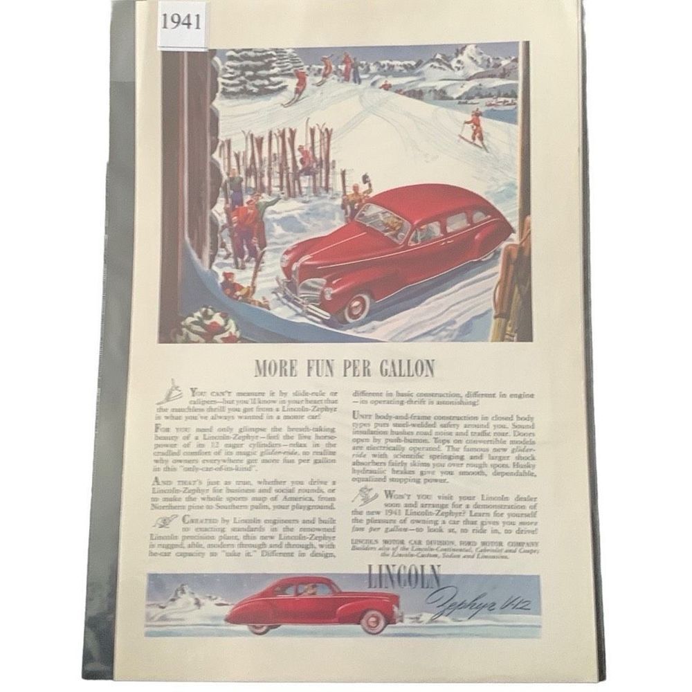Vintage 1941 Lincoln Zephyr V-12 More Fun Per Gallon Ad Advertisment